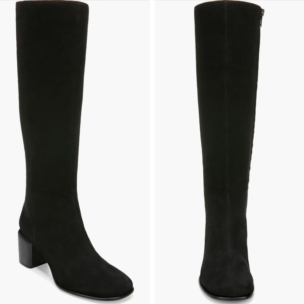 VINCE Maggie Womens Knee High Tall Boots Black Suede Block Heel Zip US 6.5 $650
